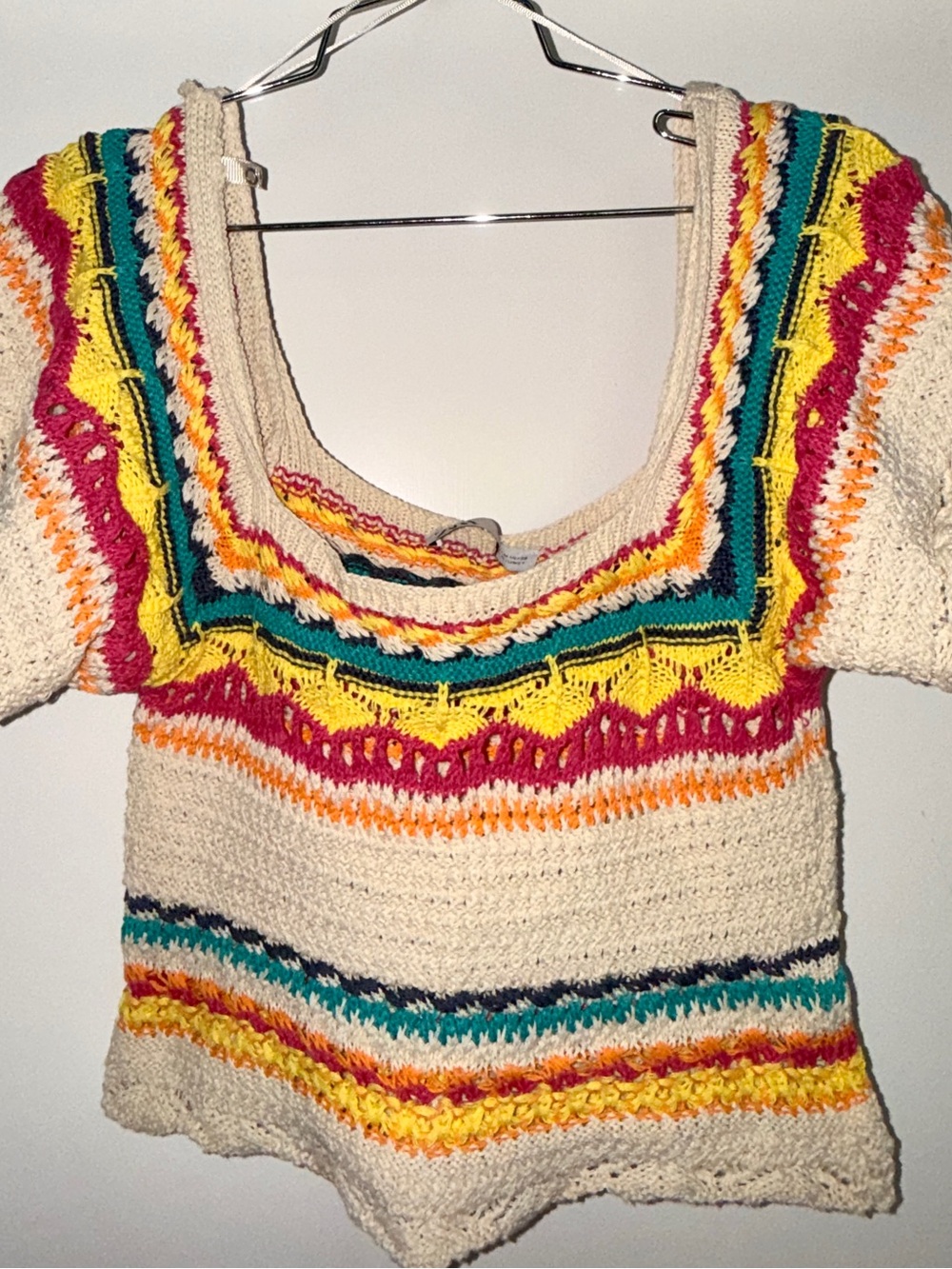 Zara Cream Crocheted Scoop Neck Top with Multicolor Stripes